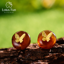 Lotus Fun Real 925 Sterling Silver Natural Amber Stone Handmade Designer Fine Jewelry Butterfly Stud Earrings for Women Brincos 2024 - buy cheap