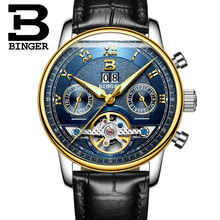 2016 Luxury Brand BINGER Automatic Mechanical Watches Men Waterproof Luminous Tourbillon Watch Calendar Leather Gold Wristwatch 2024 - buy cheap