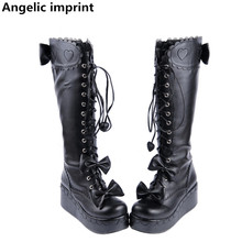 Angelic imprint mori girl Women motorcycle boots lady high wedges heels lolita shoes woman princess dress pumps bowtie 7cm black 2024 - buy cheap