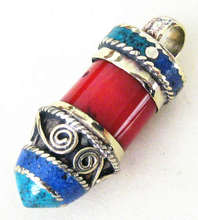 TBP297 Tibetan Amulet Nepal Brass Inlaid Red Bamboo Coral Bullet Pendants for Man 2024 - купить недорого