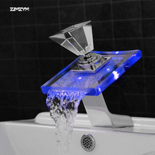 Hot and cold water copper crystal Glass Waterfall Basin Faucet LED Color Changing Bathroom Battery Mixer Tap Chrome Finish 2024 - buy cheap