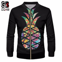 Jaqueta masculina preta ogmb de primavera e outono, jaqueta com zíper 3d de abacaxi com estampa engraçada, body bilding fintess, roupa casual, uniformes 2024 - compre barato