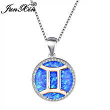JUNXIN White Gold Filled Gemini Pendant Necklaces For Women Round Blue White Fire Opal Necklace Female Girls Valentine Jewelry 2024 - buy cheap