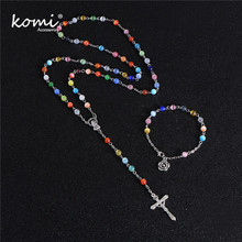KOMi New Fashion Colorful Opal Bead Handmade Cross Pendant Necklace Beracelet Set Religion Rosary Christian Jewelry Gift R-113 2024 - buy cheap