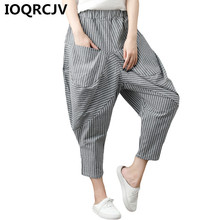 2019 Summer Women's Cotton Linen Pants Loose Stripe Female Trousers Elastic High Waist Large Size Femme Casual Harem Pants R504 2024 - buy cheap