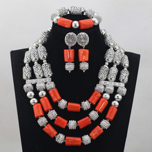 Latest New Coral Beaded Necklace Bracelet Earrings Set Vintage Silver Bridesmaid Costume Jewelry Set Coral Free ShipABL901 2024 - buy cheap