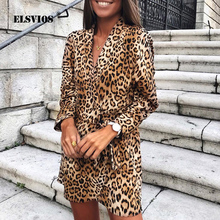 ELSVIOS Elegant V Neck Lace Up Mini Shirt Dress Women Leopard Print A-Line Party Dress Autumn Long Sleeve Casual Dresses Belt 2024 - buy cheap