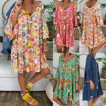 Summer Women Boho Floral Long Sleeve Dress Holiday Beach Shirt Dress Ladies Print Mini Dress Plus Size S-5XL 2024 - buy cheap