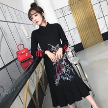 Modern Chinese Cheongsam Qipao Women Oriental Dress Black Embroidery Reformation Ceremony Retro Dress Robe Vintage Femme TA1440 2024 - buy cheap