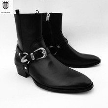 2019 FR.LANCELO Black Soft Genuine Leather Metal Buckle Cross Men Boots  Chelsea Boots Flats Zipper Shoes Mens Zapatillas 2024 - buy cheap
