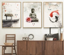 Hd Print Classical Chinese ink Flowers Poster 3 Pieces Religious Wall Art Picture Buddha Statues Canvas Painting for Living Room 2024 - buy cheap