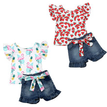 1-6Years  Kids Baby Girls Floral Tops T-shirt Denim Pants Shorts Outfits Clothes 2024 - buy cheap