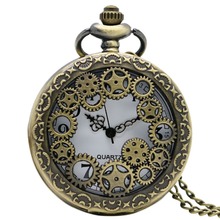 Retro antigo cobre steampunk vintage oco bronze engrenagem relógio de bolso de quartzo colar pingente de relógio corrente presentes femininos dos homens 2024 - compre barato