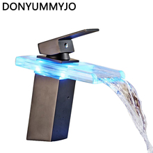 Высококачественный светодиодный светильник DONYUMMYJO ORB, черный водопад, носик, смеситель для раковины в ванной комнате, крепление на раковину, квадратный смеситель для раковины 2024 - купить недорого