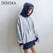 DENISKA New Autumn Winter Women Sweatshirts Fashion Hit Color Patchwork False Two Pieces Hoodie Pullovers Female Casual Loose H 2024 - buy cheap