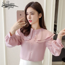 Women tops and chiffon blouse 2019 spring new style long sleeve women blouse O neck White pink solid color elegance top 2645 50 2024 - buy cheap