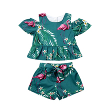 Комплект летней одежды с цветочным рисунком для маленьких девочек, детская одежда из 2 предметов футболка с открытыми плечами укороченный топ, короткие штаны, комплекты одежды 2024 - купить недорого