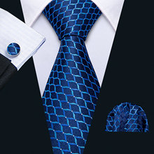 2019 Men Wedding Tie Blue Geometric Silk Tie Hanky Set Barry.Wang Jacquard Woven Fashion Designer Neck Tie For Men Party FA-5141 2024 - buy cheap