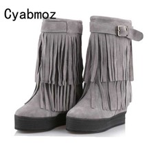 Mulheres Mid-Calf Couro Genuíno Suede Fringe Botas de Neve Elevador Botas Borla Feminino Altura Crescente 12 cm Plush Quente sapatos 2024 - compre barato