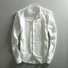 Camisa masculina de algodão com gola mandarin, camisas de linho tradicionais chinesas, manga comprida, para negócios 2024 - compre barato