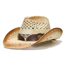 Vintage Retro Women's Men's Raffia Straw Wide Brim Beach Hollow-out Cowboy Cowgirl Western Hat Ox Bull Head Leather Band (58cm) 2024 - buy cheap