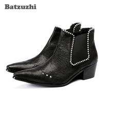 Batzuzhi 6.5cm Heel Boots Men Pointed Toe Black Leather Ankle Boots with Crystals Men's Party Dress Shoes Botas Hombre,US12 EU46 2024 - buy cheap