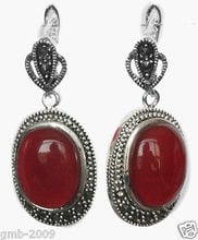 beautiful 925 11/2" Silver Natural Red jade Marcasite Earrings 2024 - buy cheap