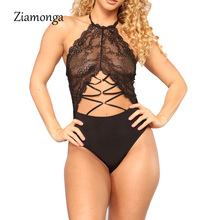 Ziamonga New Sexy Women Halter Lace Up Bodysuit Transparent Floral Lace Ladies Ultrathin Jumpsuits Hollow Out Girls Overalls 2024 - buy cheap