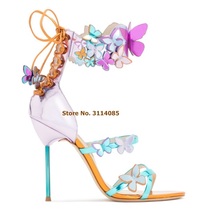 Women Pink Blue 3D Butterfly High Heel Sandals Metal Thin Heels Lace-up Shoes Color Patchwork Wedding Shoes Sweet Dress Pumps 2024 - buy cheap