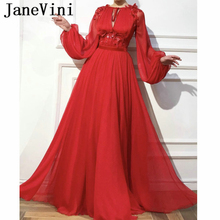 JaneVini Elegant Red Muslim Puffy Long Sleeve Dress Evening A Line Appliques Beaded Zipper Back Chiffon Dresses Robe De Soiree 2024 - buy cheap