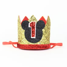 Chapéu com glitter para festa de aniversário, 1 ° aniversário, crianças, com coroa, chapéu dourado, vermelho e preto 2024 - compre barato