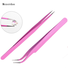 2Pcs/Set Picking Tool Pink Stainless Steel Eyelash Extension Curved Straight Tip Nippers Tweezer Nail Tool Beauty Eye Makeup 2024 - buy cheap