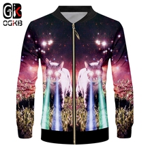 OGKB 2018 Spring Fall Mens Casual Jackets Funny Print Galaxy Space 3d Zip Jacket Cat Flash Light Coats Male Long Sleeve Cardigan 2024 - buy cheap