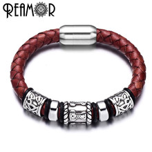 REAMOR 316L Stainless Steel Retro Red Genuine Braided Leather Viking Pattern Bracelets Bangles Men Jewelry With Magnetic Clasp 2024 - buy cheap