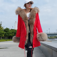 Casaco de pele real feminino, jaqueta de inverno parka com gola de guaxinim grande e real, forro de pele sintética natural, roupa de exterior 100% 2024 - compre barato