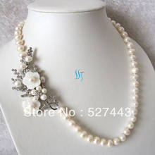 Wholesale free shipping >>20.5" 7-9mm White Freshwater Pearl Necklace White Flower Pendant 2024 - buy cheap