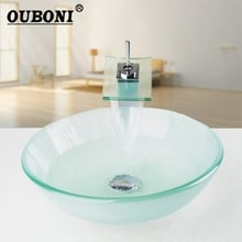 OUBONI New Frosted Victory Glass Bowl Sink Wash Square Chrome Waterfall Faucet Round Tempered Glass Bathroom Sink Set 2024 - buy cheap