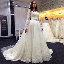 Lace Applique Long Sleeves Wedding Dresses with Beaded Sash Popular Boat Neck A Line Floor Length Formal Bridal Gowns 2020 New 2024 - buy cheap