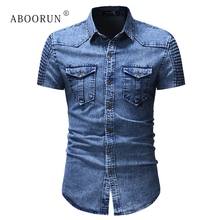 ABOORUN Fashion Denim Shirts Men's Short Sleeve Pleated Jeans Shirts Summer Cottoon Shirts for Male x1609 2024 - buy cheap