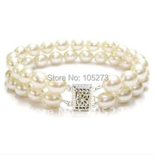 Charming Pearl Jewelry S925 Sterling Silvers Bracelet 7-8MM 2rows White Rice Genuine Freshwater Pearl Bracelet New Free Shipping 2024 - buy cheap