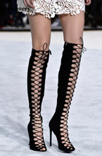 High Quality Women Fashion Lace-up Black Suede Leather Knee High Gladiator Boots Cut-out Long Super High Heel Boots Dress Shoes 2024 - buy cheap