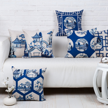 Chinese Landscape Retro Blue Pillow Cushion Cover Home Decorative Office Sofa Linen Pillow Case 2024 - buy cheap