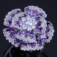 Eye-Catching Huge Flower Purple Cubic Zirconia White CZ Silver Plated Ring V0531 2024 - buy cheap