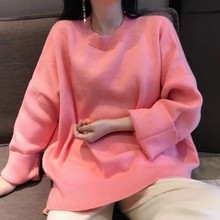 Novo suéter feminino rosa doce colorido, outono inverno, mangas grandes, gola redonda, blusa solta de malha coreana, 2020 2024 - compre barato