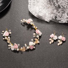 TREAZY Bridesmaid Bridal Imitation Pearl Crystal Leaf Flower Headband with Earrings Handmade Bride Wedding Hair Accessories 2024 - buy cheap