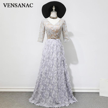 Vensanac-vestido de festa longo com faixa de metal, 2018, decote em v, penas longas, apliques de renda, meia manga, vestido de baile 2024 - compre barato