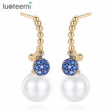 LUOTEEMI Fashion Simple Design Gold Color Long Line Imitation Pearl Round Shape Drop Earrings Cubic Zirconia For Women Party 2024 - buy cheap