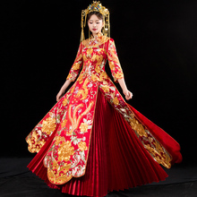Восточный, Азиатский Невеста красота в традиционном китайском стиле свадебное платье для женщин красного цвета с длинными рукавами и цветочным принтом в китайском стиле с вышивкой и халат Ципао в китайском стиле 2024 - купить недорого