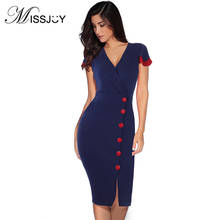 MISSJOY 2018 Summer vestidos Party Dress Sexy Blue Solid Color Elegant Short Sleeve V-Neck High Waist Bodycon Knee-Length Dress 2024 - buy cheap