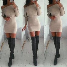 2019 New Women Autumn Winter Long Sleeve Jumper Knited Dress Bodycon Off Shoulder Slim Dresses 2024 - buy cheap